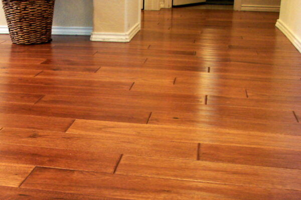 View of polished hardwood flooring in a modern hallway